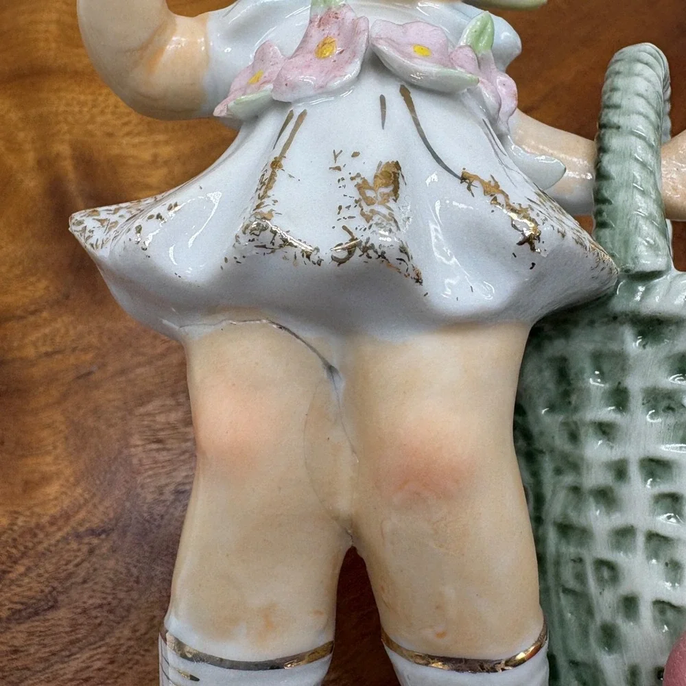Vintage Vase Porcelain Girl With Basket Planter Long Lashes With Flowers